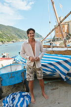 Cargo M74 men's cargo bermuda in cotton and hemp herringbone with floral pattern relaxed fit