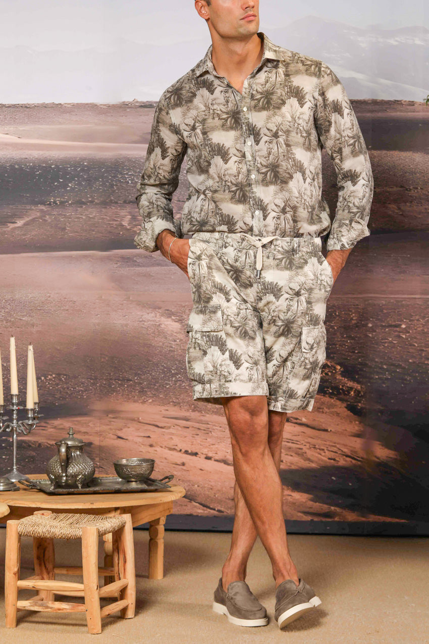 Cargo M74 men's cargo bermuda in cotton and hemp herringbone with floral pattern relaxed fit