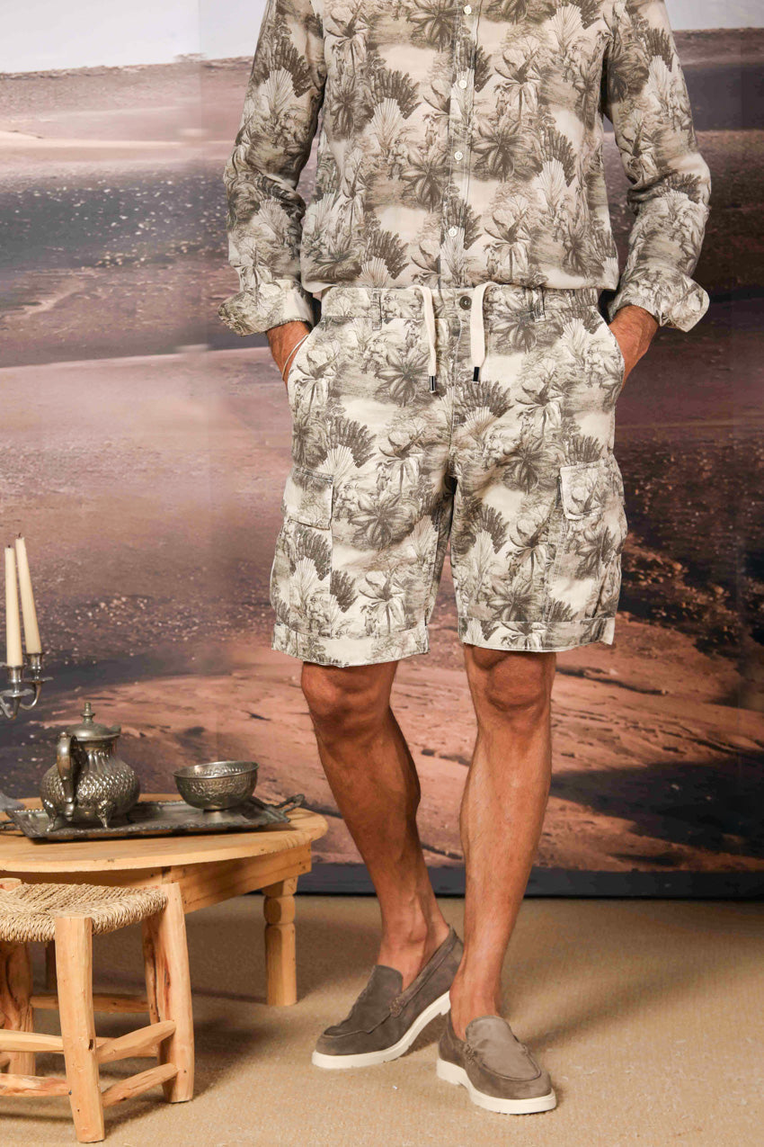 Cargo M74 men's cargo bermuda in cotton and hemp herringbone with floral pattern relaxed fit