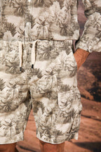 Cargo M74 men's cargo bermuda in cotton and hemp herringbone with floral pattern relaxed fit