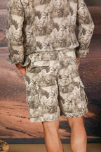 Cargo M74 men's cargo bermuda in cotton and hemp herringbone with floral pattern relaxed fit