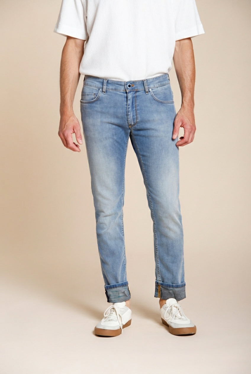 Harris pantalone 5 tasche uomo in denim lavaggio chiaro stampa Hawaii slim fit