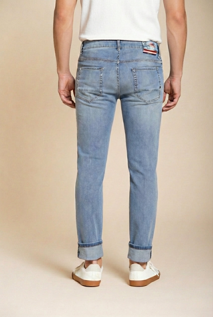 Harris Hose 5-Pocket Herren aus Denim helle Waschung Hawaii-Print slim fit