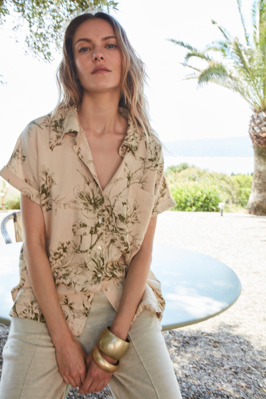 Livia Hemd Damen Kurzarm aus Canvas Leinen Viskose Mischung Blumenmuster
