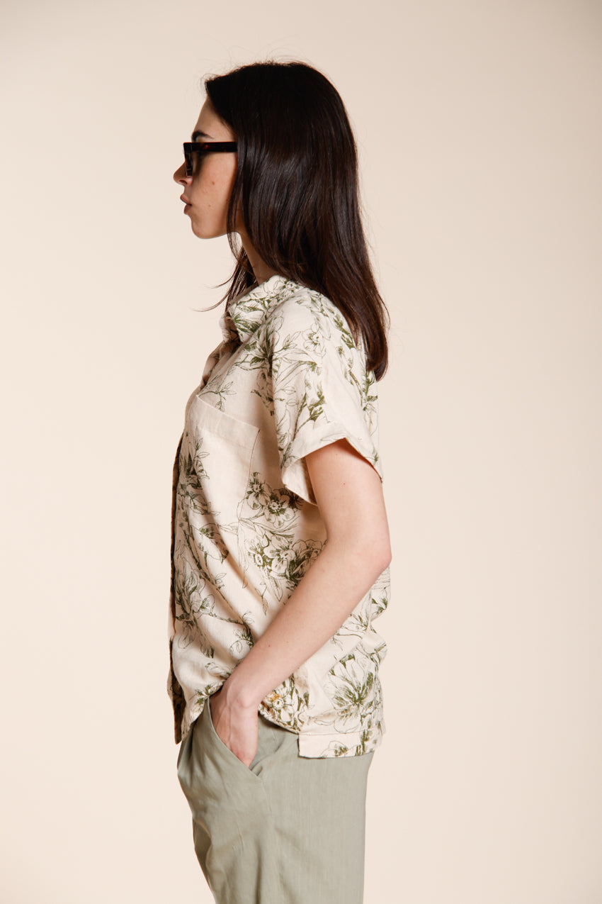 Livia women's shirt short sleeve in linen and viscose blend canvas floral pattern