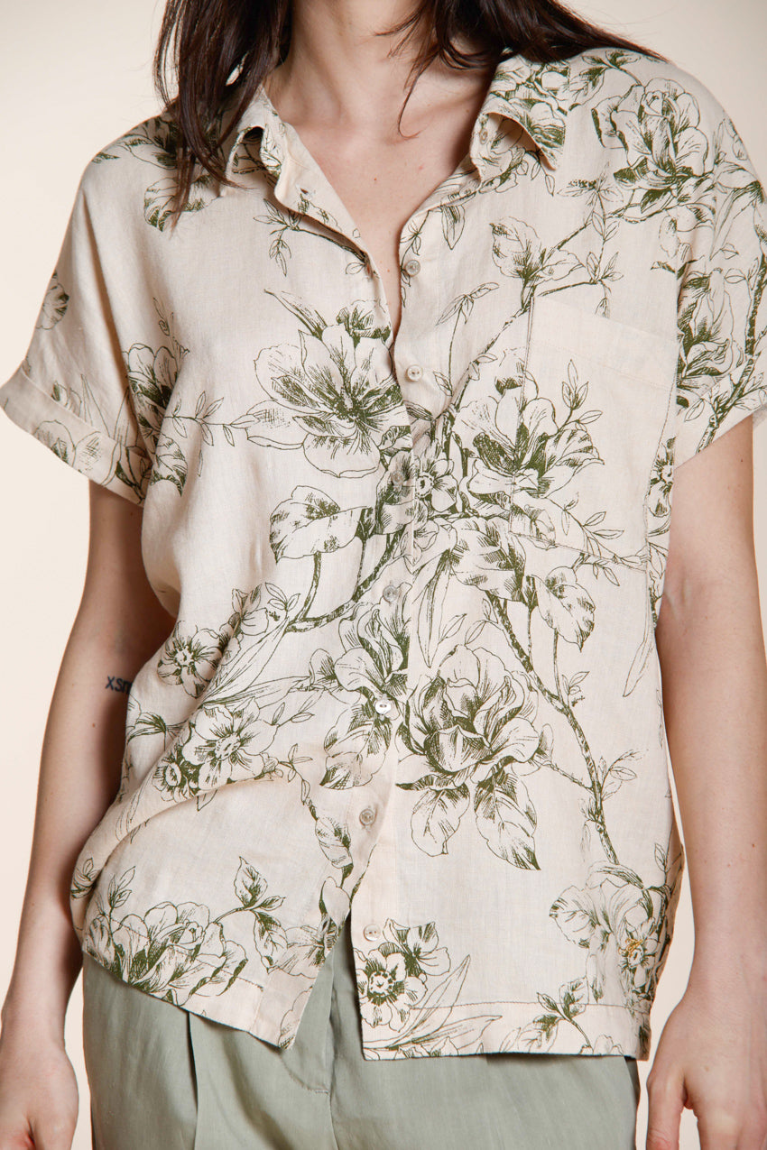 Livia Hemd Damen Kurzarm aus Canvas Leinen Viskose Mischung Blumenmuster