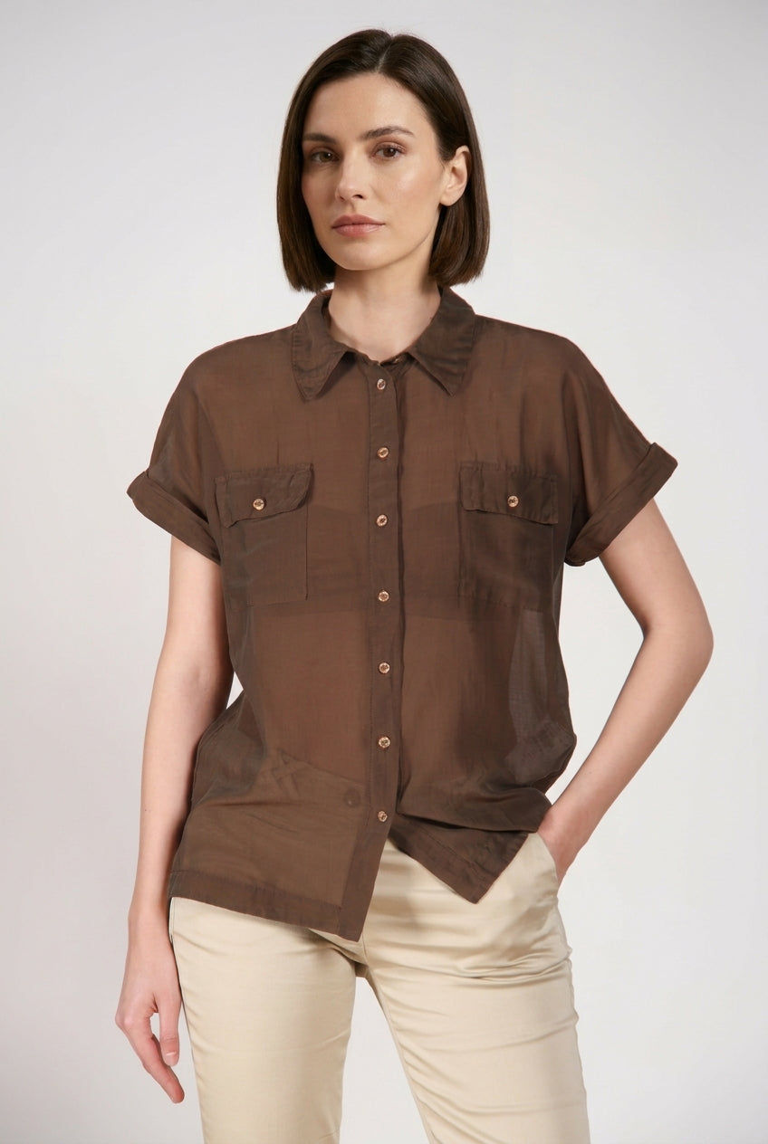 Natalie women's shirt short-sleeved in cotton and silk muslin