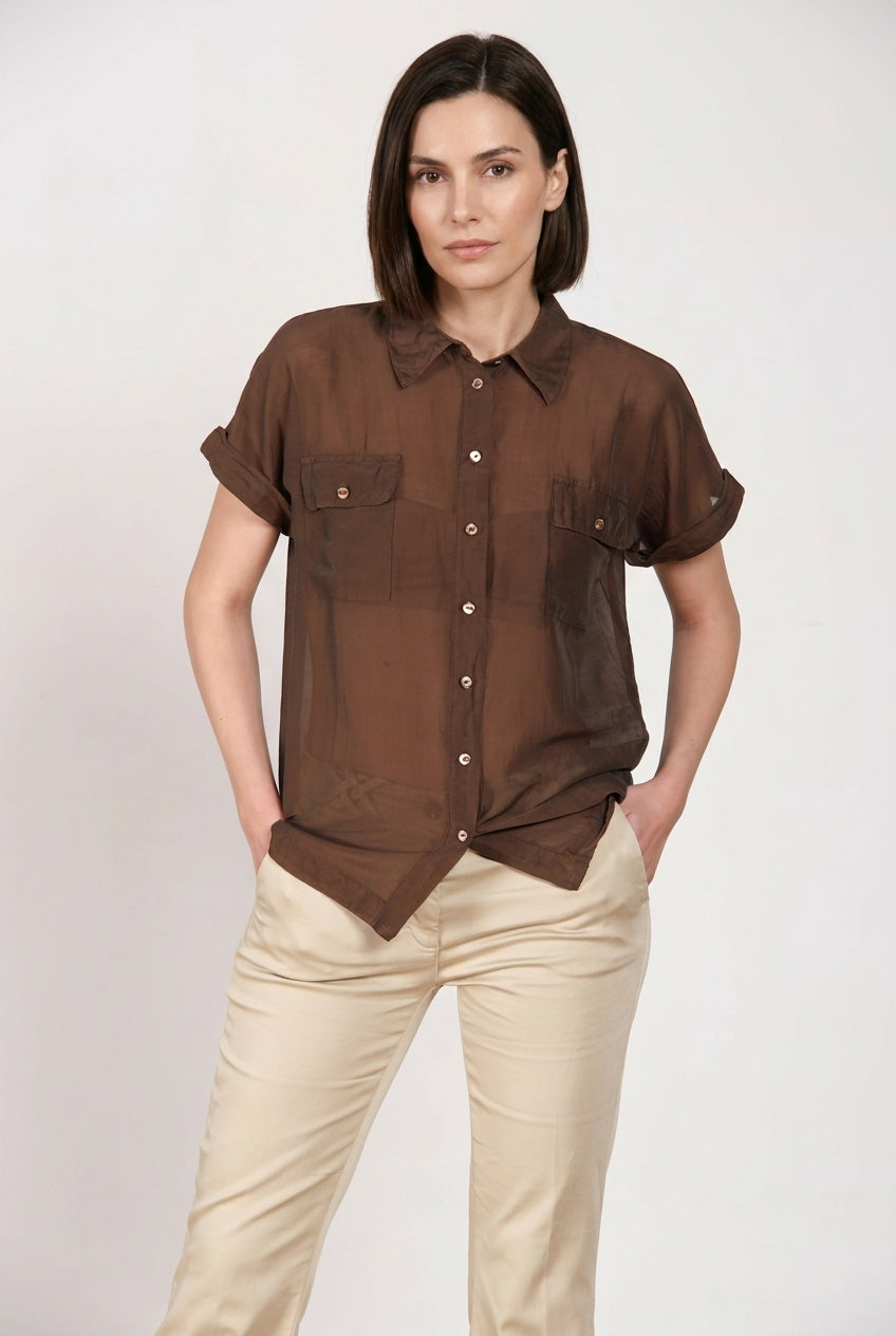 Natalie women's shirt short-sleeved in cotton and silk muslin