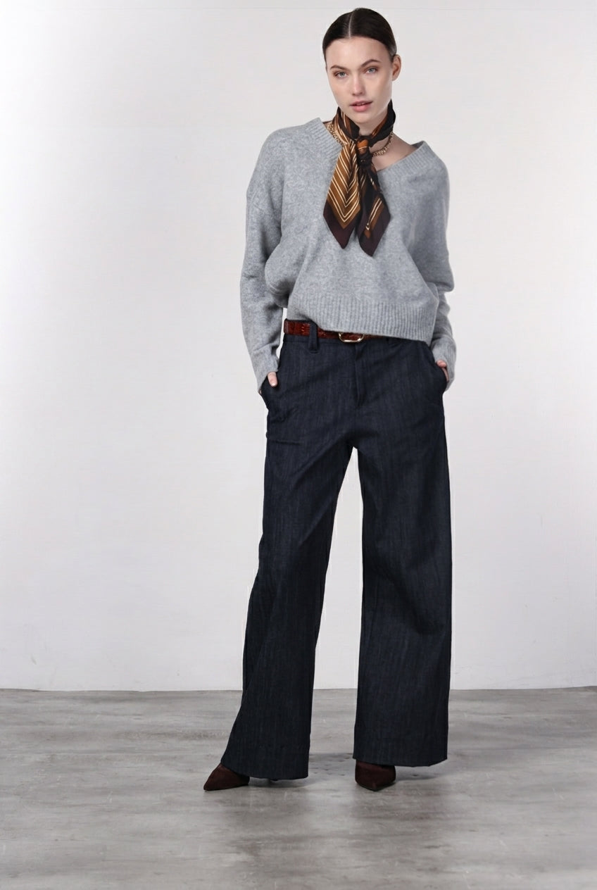 New York Wide pantalon chino 5 poches femme en denim stretch, wide leg