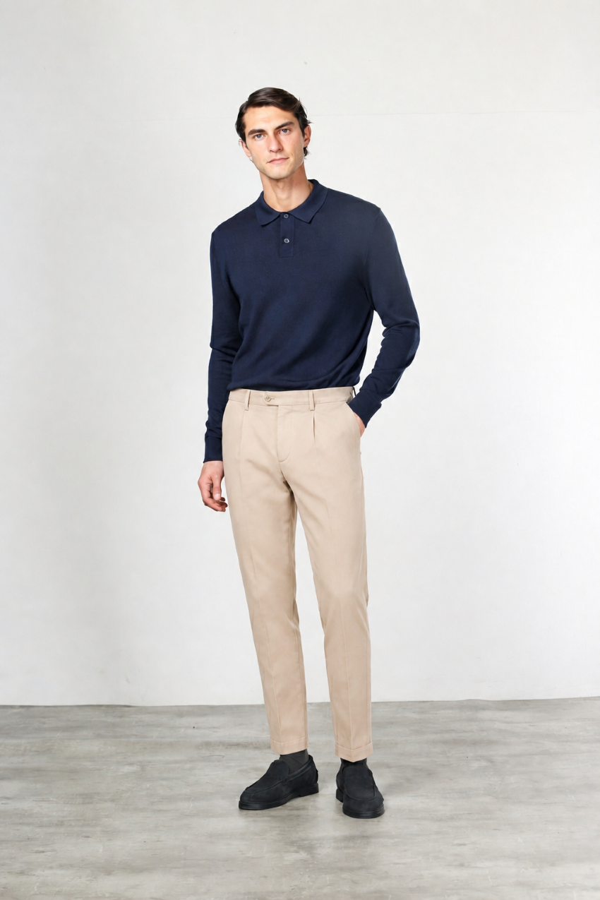 Torino 1 Pinces Flex pantalon chino homme en twill de coton et cachemire slim fit