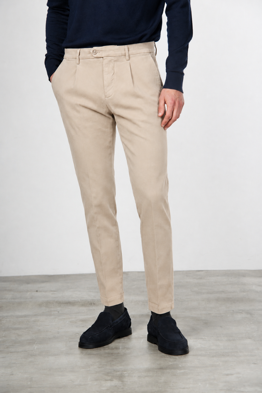 Torino 1 Pinces Flex pantalon chino homme en twill de coton et cachemire slim fit