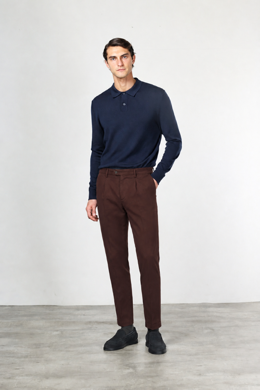 Torino 1 Pinces Flex pantalon chino homme en twill de coton et cachemire slim fit