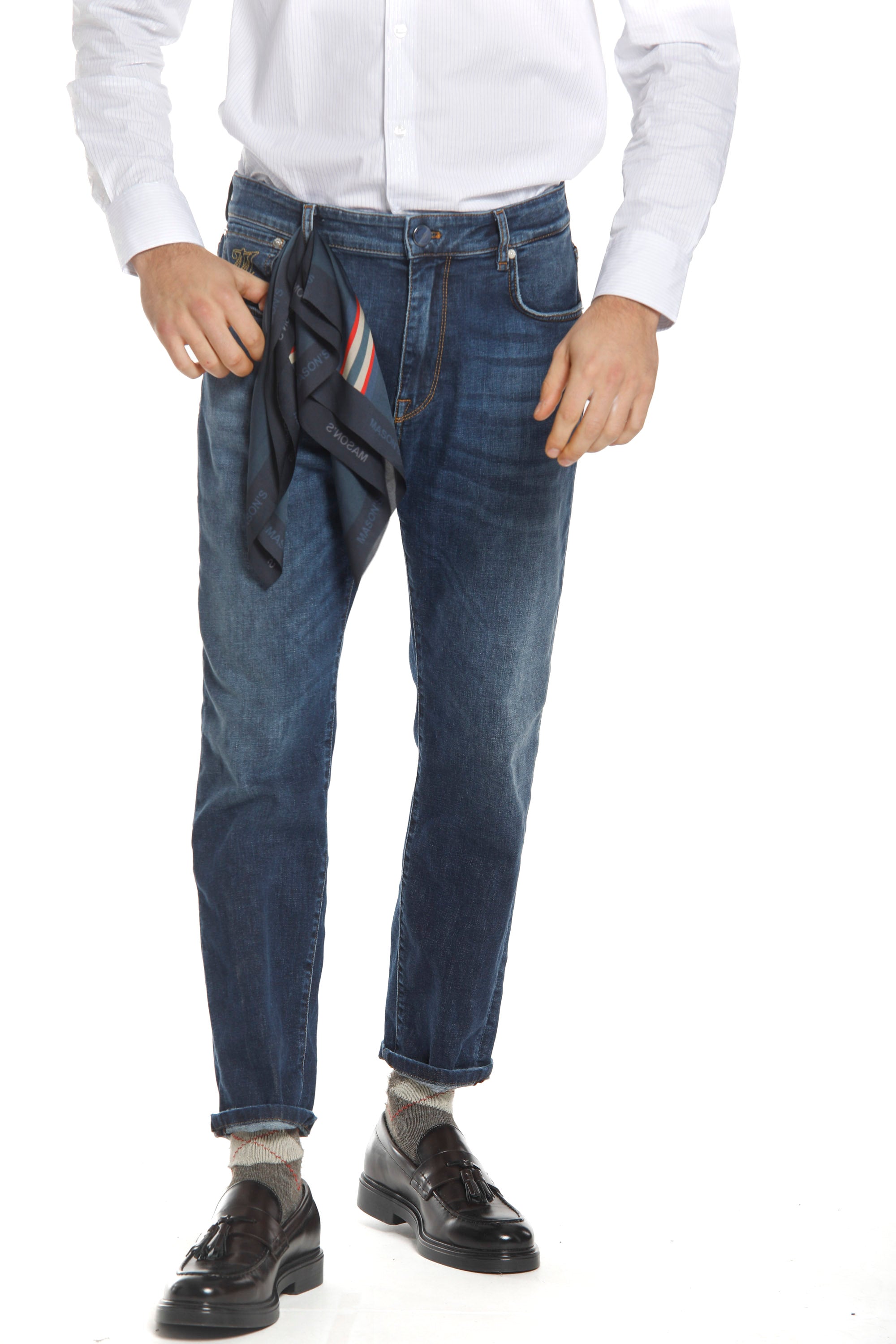 Forte Forte 5 poches Pantalon homme en denim stretch bleu coupe carrot