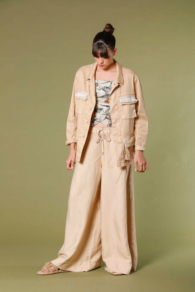 immagine 5 di overshirt da donna in lino e cotone con tasche decorate modello flyshirt colore kaki scuro di mason's 